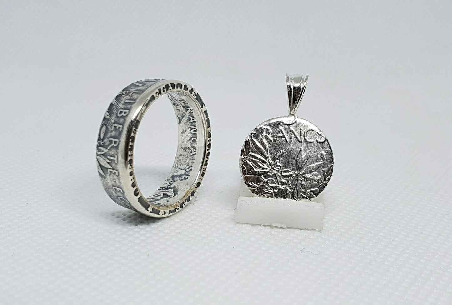 Bague pièce de monnaie 5 Francs Semeuse en argent avec son pendentif (coin ring)