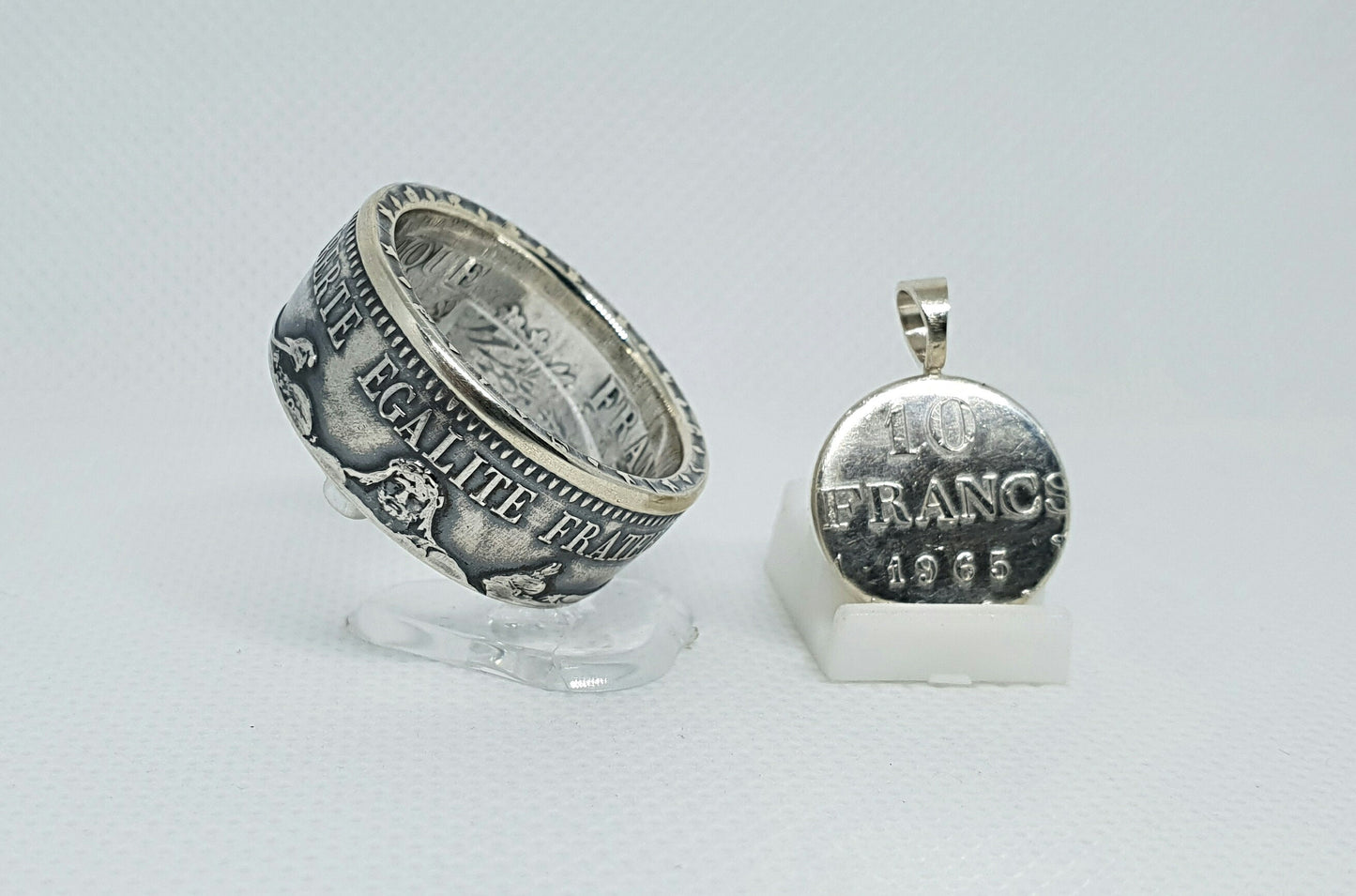 Bague pièce de monnaie 10 Francs Hercule en argent "devise visible" avec son pendentif (coin ring)