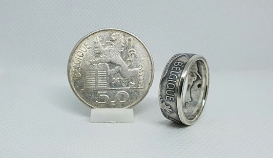 Bague pièce de monnaie 50 Francs de Belgique en argent (coin ring)