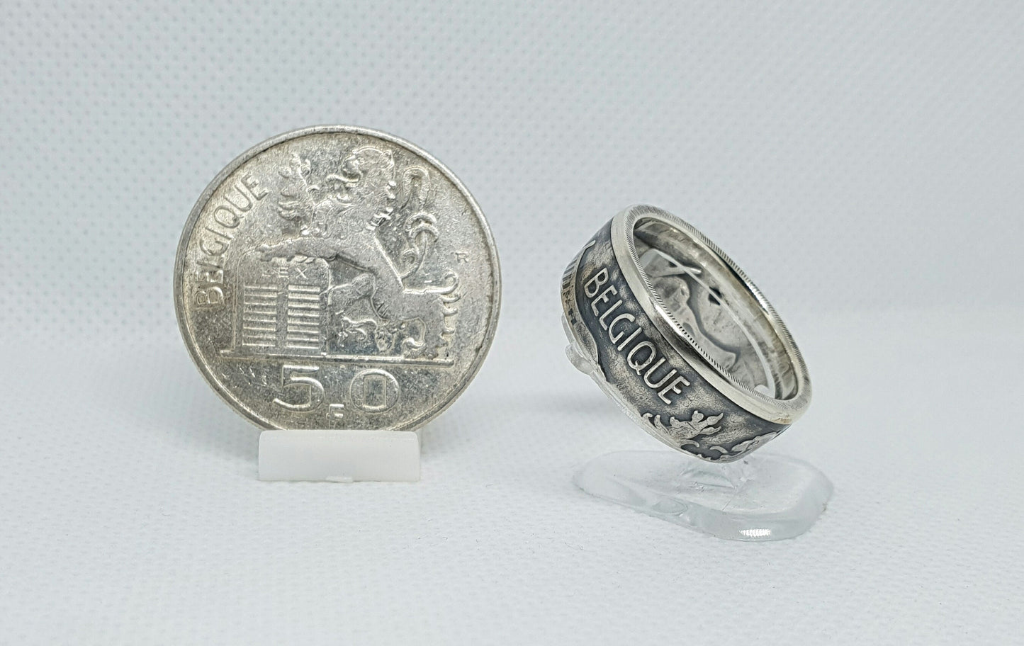 Bague pièce de monnaie 50 Francs de Belgique en argent (coin ring)