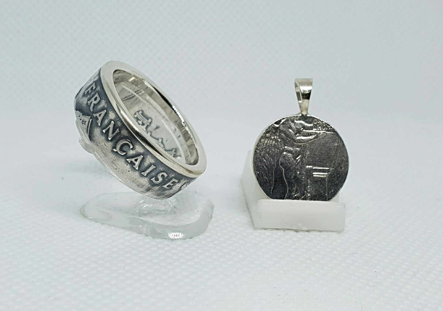 Bague pièce de monnaie 100 Francs "droits de l'homme" en argent avec son pendentif (coin ring)