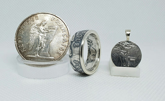 Bague pièce de monnaie 100 Francs "droits de l'homme" en argent avec son pendentif (coin ring)