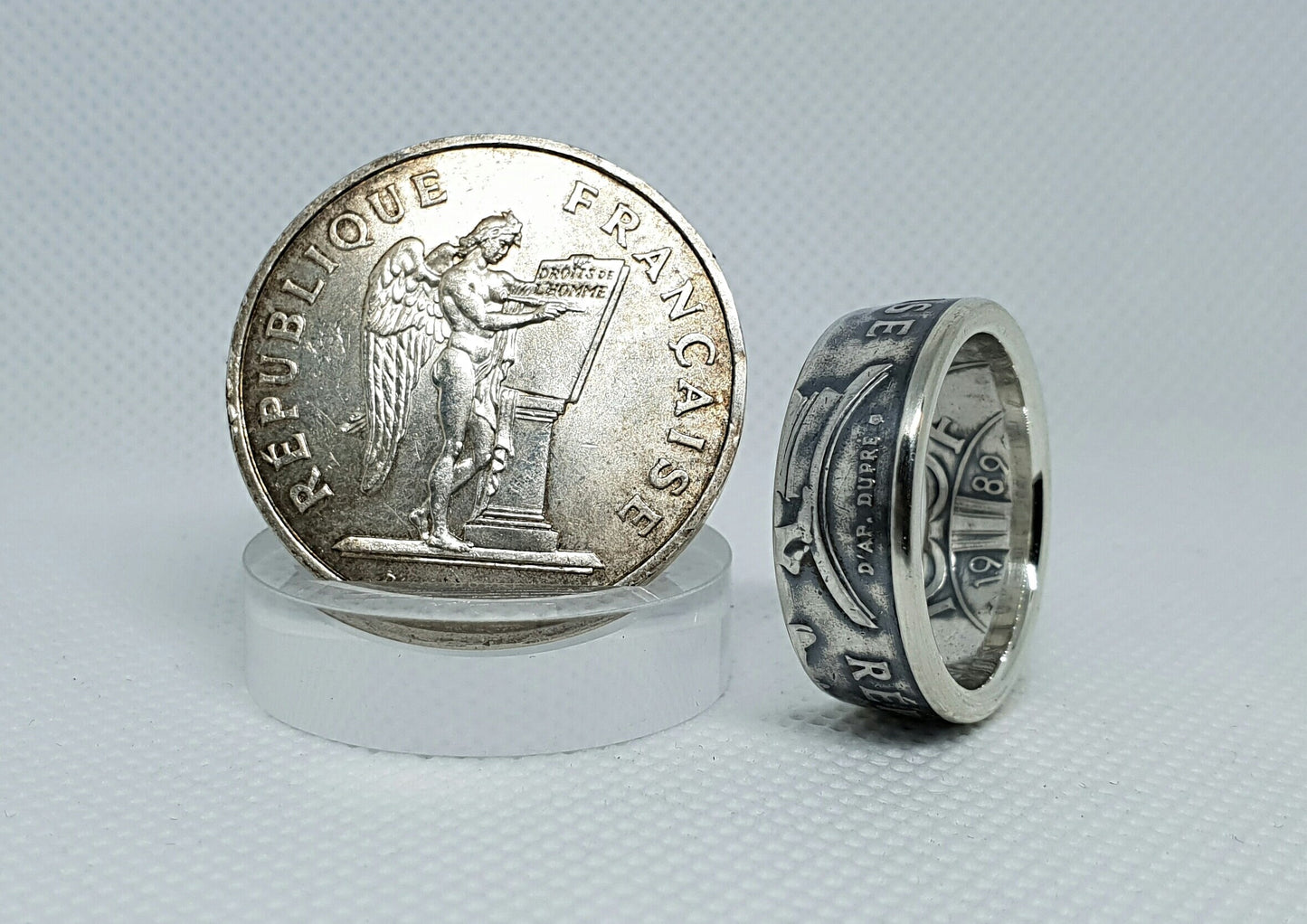 Bague pièce de monnaie 100 Francs "Droits de l'homme" en argent (coin ring)