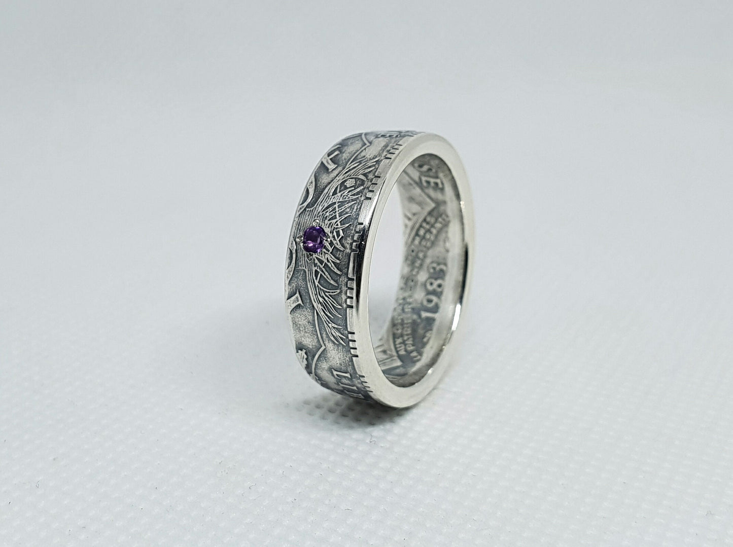 Bague pièce de monnaie 100 Francs "Panthéon" en argent serti d'une améthyste (coin ring)