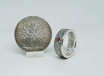 Bague pièce de monnaie 100 Francs "Panthéon" en argent serti d'un rubis (coin ring)