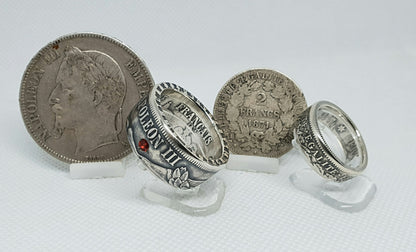 Ensemble Bague pièce de monnaie 2 Francs Cérès et 5 Francs Napoléon en argent serti d'un rubis (coin ring)