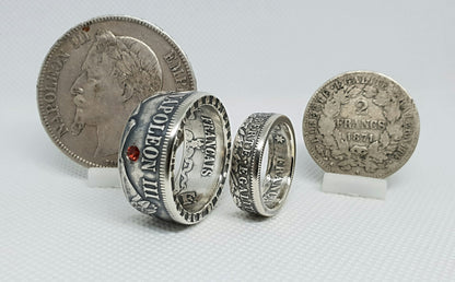 Ensemble Bague pièce de monnaie 2 Francs Cérès et 5 Francs Napoléon en argent serti d'un rubis (coin ring)