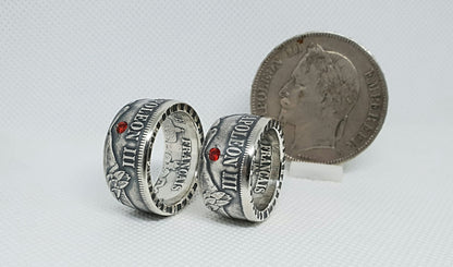 Ensemble Bague pièce de monnaie 5 et 5 Francs Napoléon III argent serti d'un rubis (coin ring)