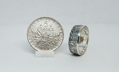 Bague pièce de monnaie 5 Francs Semeuse en argent style alliance (coin ring)