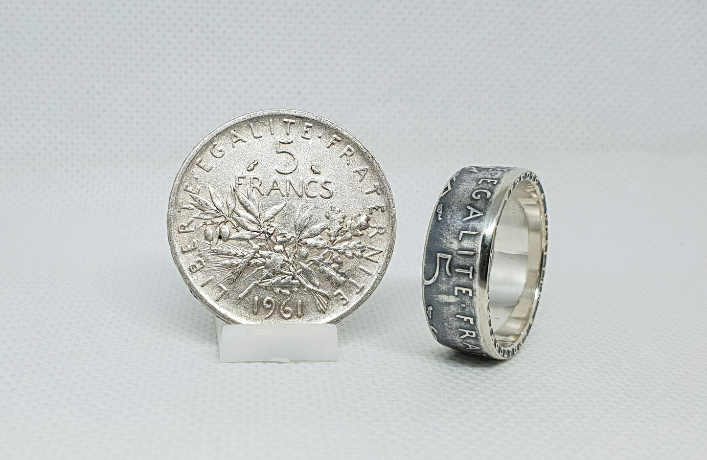 Bague pièce de monnaie 5 Francs Semeuse en argent style alliance (coin ring)