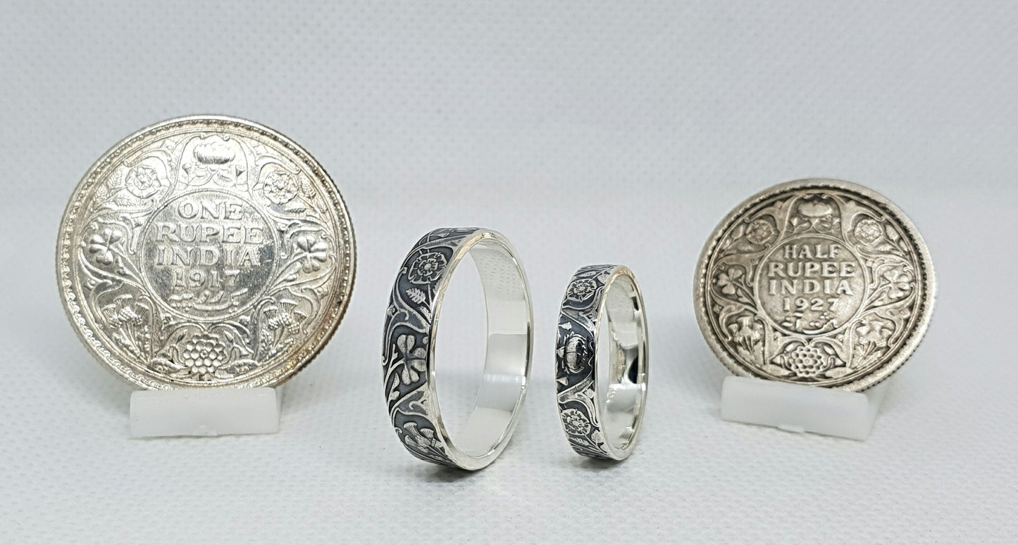 Ensemble bague pièce de monnaie 1 Rupee et un demi Rupee en argent style alliance (coin ring)