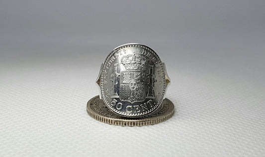 Bague pièce de monnaie 50 Cent d'Espagne cintrée en argent