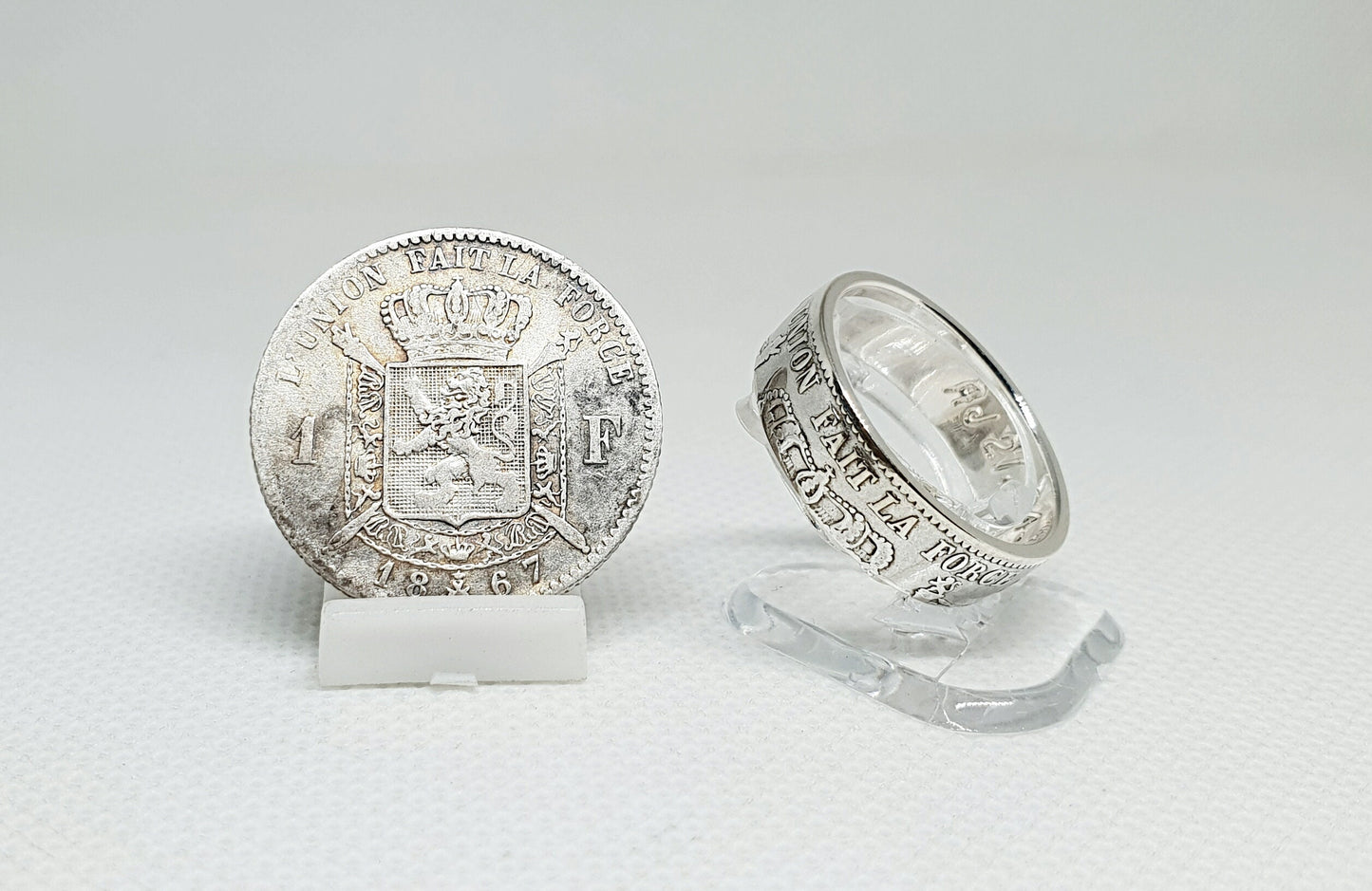 Bague pièce de monnaie 1 Franc de Belgique en argent style alliance avec gravure (coin ring)