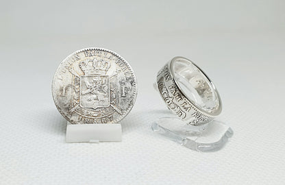 Bague pièce de monnaie 1 Franc de Belgique en argent style alliance avec gravure (coin ring)