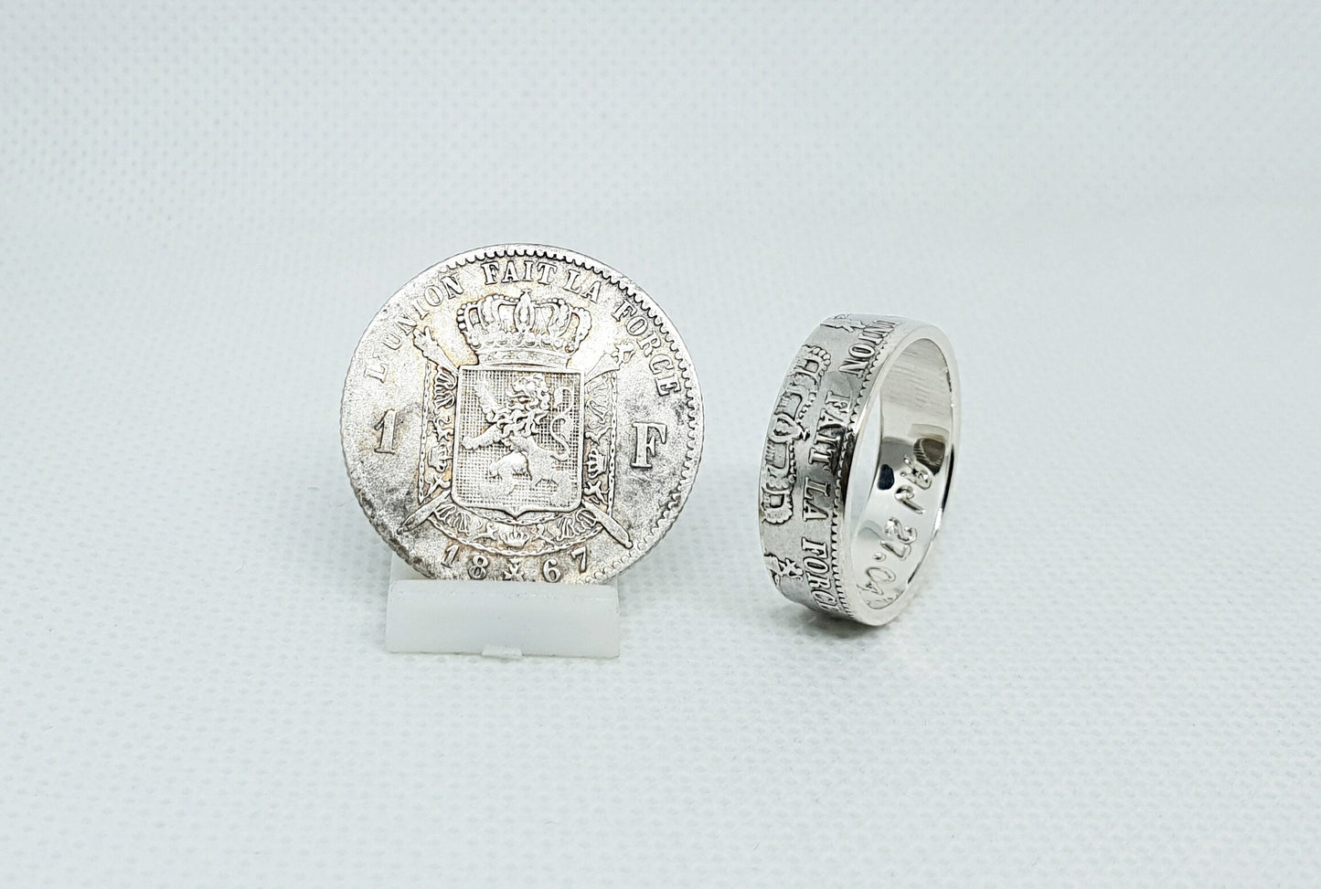 Bague pièce de monnaie 1 Franc de Belgique en argent style alliance avec gravure (coin ring)