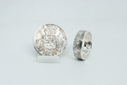 Bague pièce de monnaie 1 Franc de Belgique en argent style alliance avec gravure (coin ring)