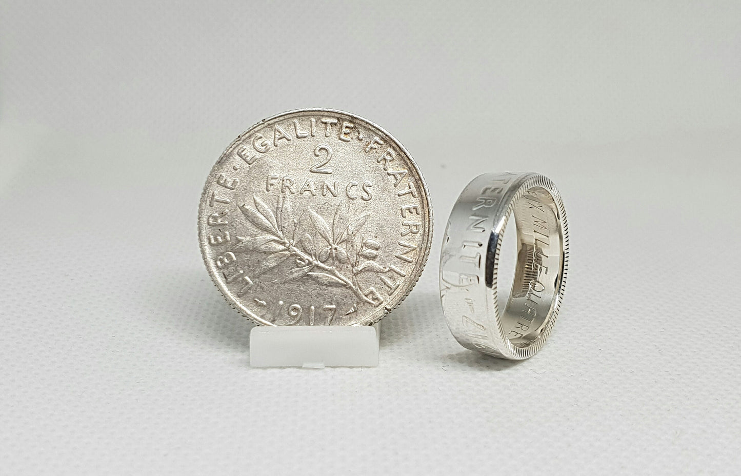 Bague pièce de monnaie 2 Francs Semeuse en argent style alliance avec gravure (coin ring)