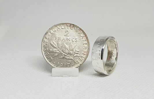 Bague pièce de monnaie 2 Francs Semeuse en argent style alliance avec gravure (coin ring)