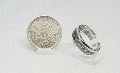 Bague pièce de monnaie 5 Francs Semeuse ouverte en argent (coin ring)