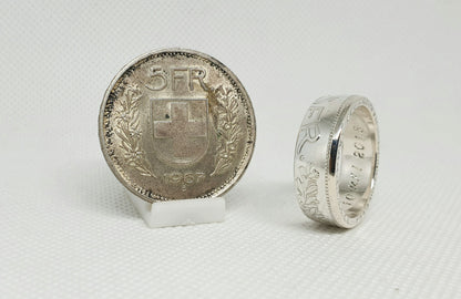 Bague pièce de monnaie 5 Francs Suisse en argent style alliance avec gravure (coin ring)