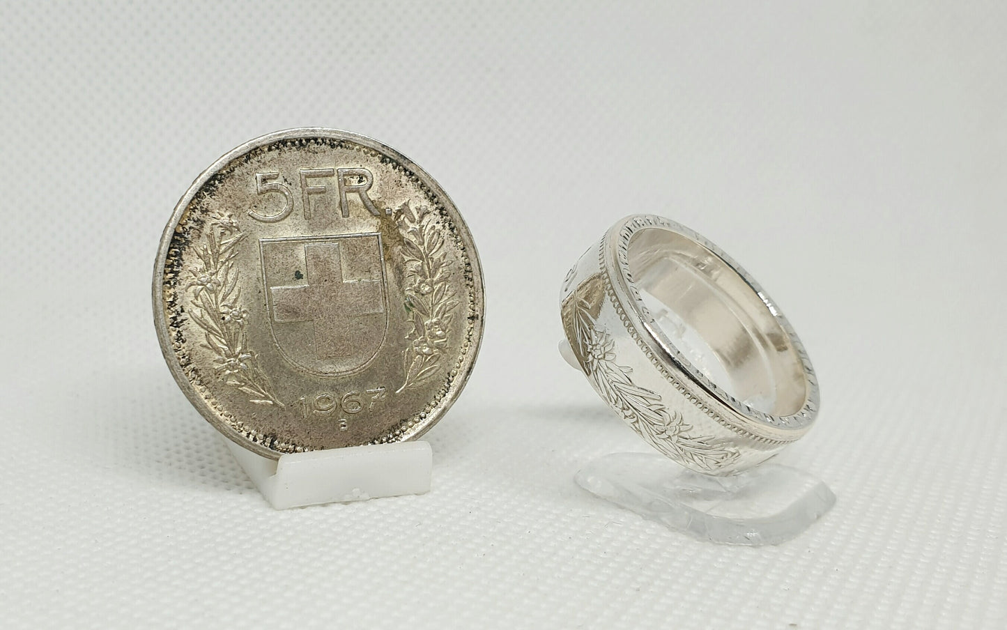 Bague pièce de monnaie 5 Francs Suisse en argent style alliance avec gravure (coin ring)