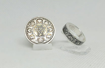 Bague pièce de monnaie Demi Rupee d'Inde en argent style alliance avec gravure (coin ring)