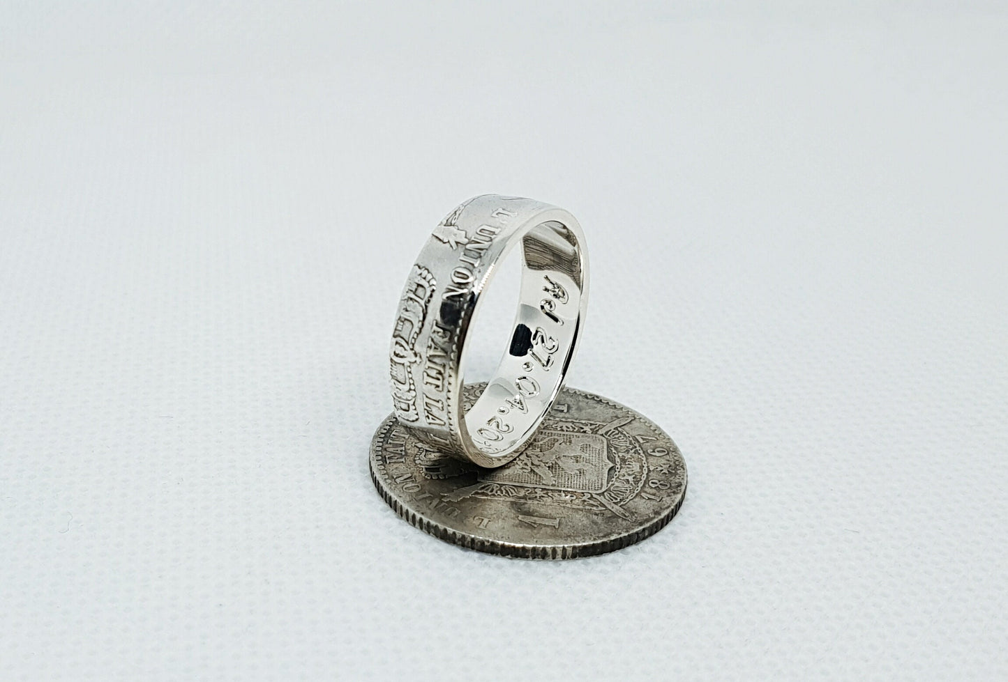 Bague pièce de monnaie 1 Franc de Belgique en argent style alliance avec gravure (coin ring)