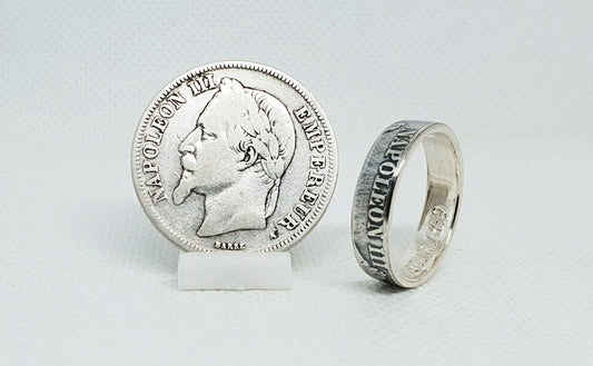 Bague pièce de monnaie 2 Francs Napoléon III en argent style alliance avec gravure (coin ring)