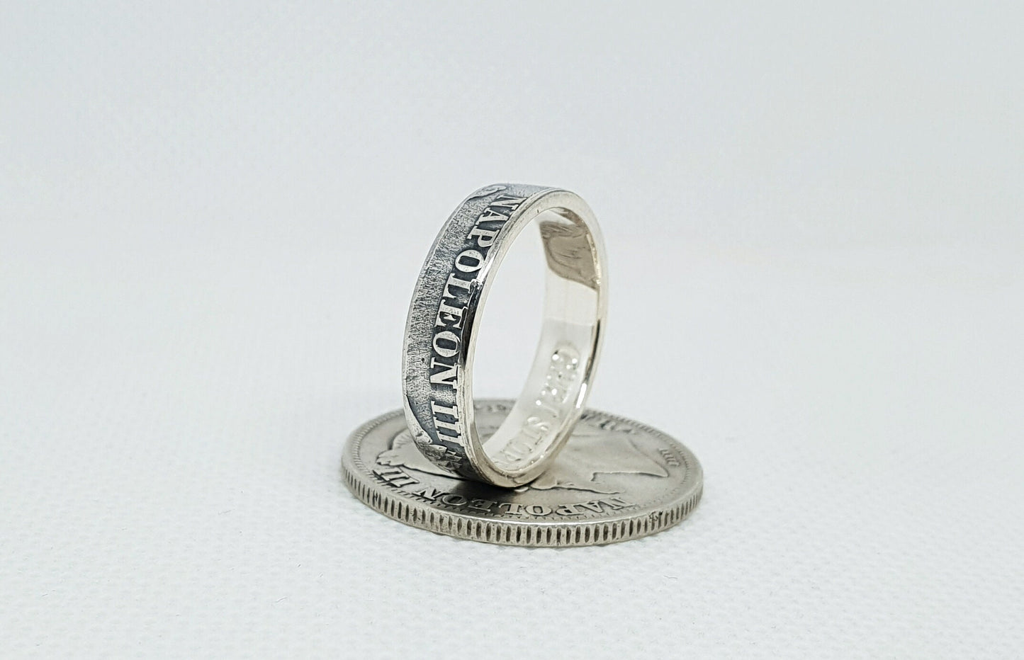 Bague pièce de monnaie 2 Francs Napoléon III en argent style alliance avec gravure (coin ring)