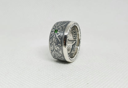 Bague pièce de monnaie 5 Francs Louis Philippe en argent serti d'une tsavorite (coin ring)