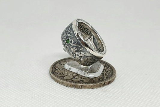 Bague pièce de monnaie 5 Francs Louis Philippe en argent serti d'une tsavorite (coin ring)