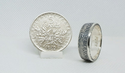 Bague pièce de monnaie 5 Francs Semeuse en argent style alliance avec gravure (coin ring)