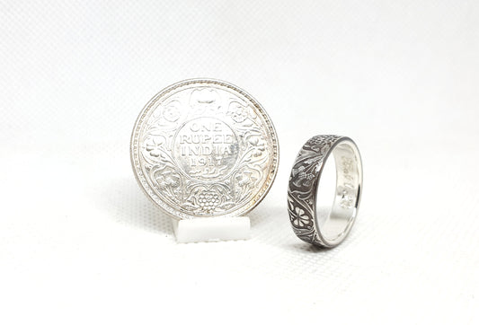 Bague pièce de monnaie 1 Rupee d'Inde en argent style alliance avec gravure (coin ring)