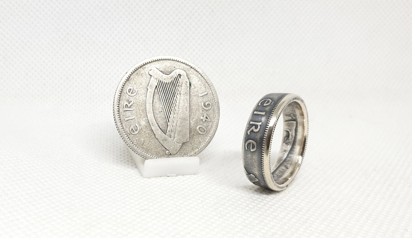 Bague pièce de monnaie 2 Shillings d'Irlande en argent (coin ring)