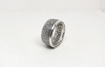 Bague pièce de monnaie 5 francs Cérès en argent serti d'un rubis (coin ring)