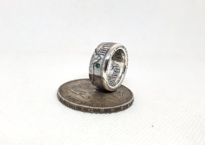 Bague pièce de monnaie 5 Francs Napoléon III visible en argent serti d'une tsavorite (coin ring)