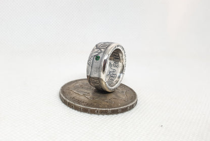 Bague pièce de monnaie 5 Francs Napoléon III visible en argent serti d'une tsavorite (coin ring)