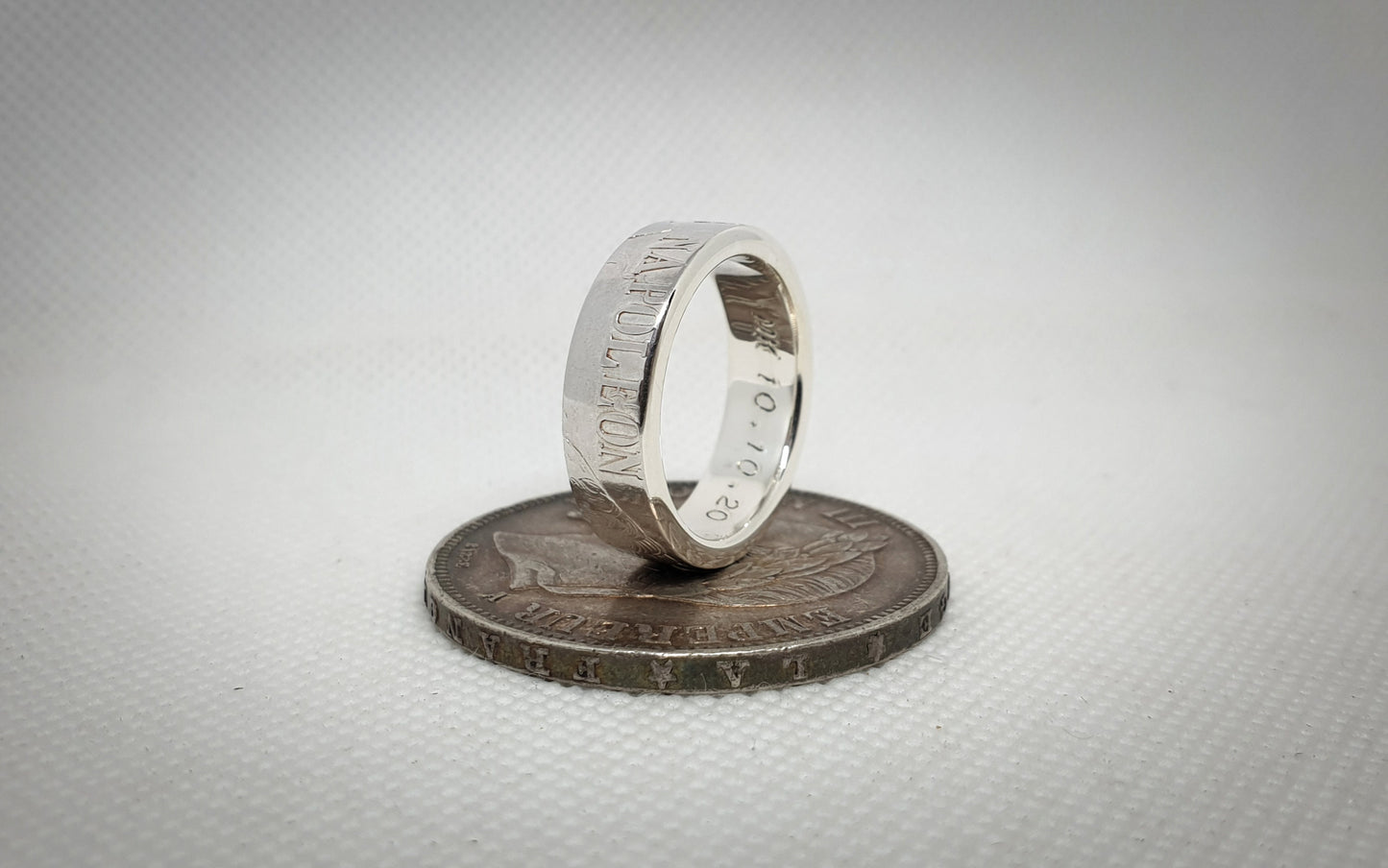 Bague pièce de monnaie 5 Francs Napoléon III visible en argent style alliance avec gravure (coin ring)