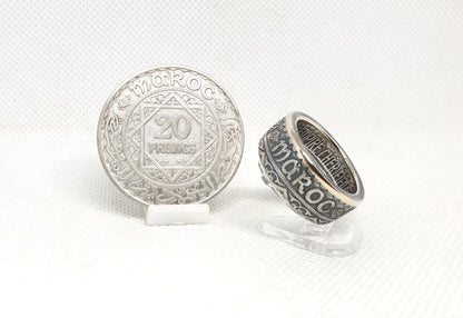 Bague pièce de monnaie 20 Francs du Maroc en argent (coin ring)