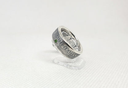 Bague pièce de monnaie 100 Francs "Charlemagne" en argent serti d'une tsavorite (coin ring)