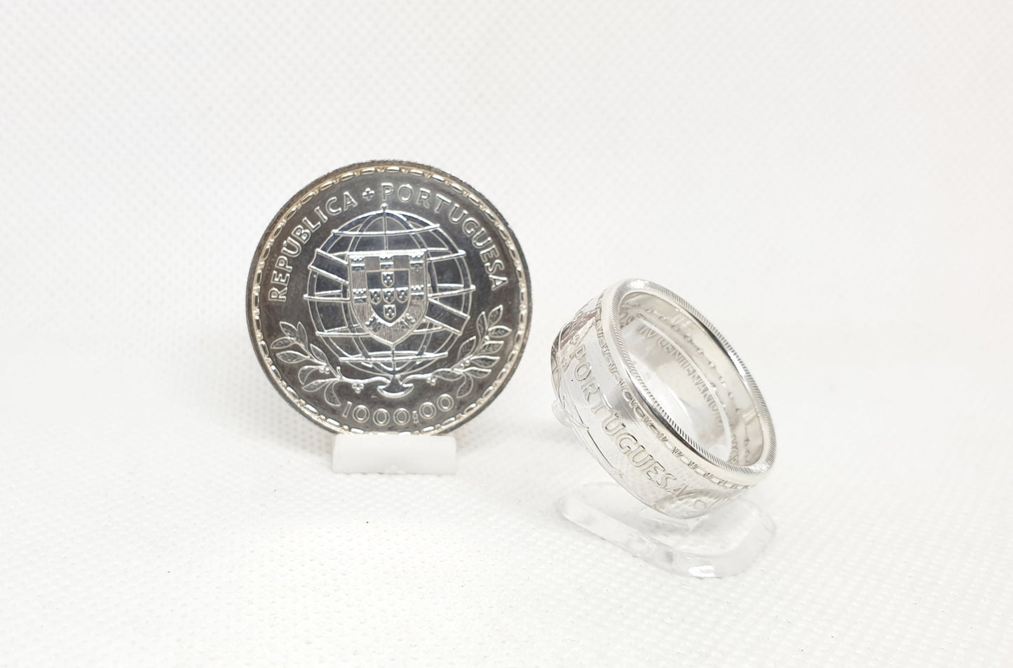 Bague pièce de monnaie 1000 Escudos "Louis de Camoes" du Portugal en argent (coin ring)