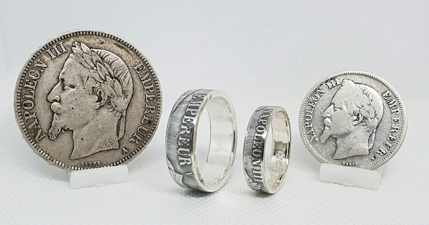 Ensemble bague pièce de monnaie 5 francs Napoléon III et 2 francs napoléon III en argent style alliance avec gravure (coin ring)