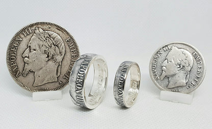 Ensemble bague pièce de monnaie 5 francs Napoléon III et 2 francs napoléon III en argent style alliance avec gravure (coin ring)