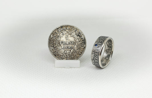 Bague pièce de monnaie 1 franc Cérès en argent serti d'un saphir (coin ring)