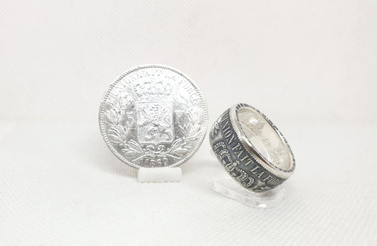 Bague pièce de monnaie 5 Francs de Belgique en argent style alliance avec gravure (coin ring)