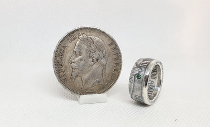 Bague pièce de monnaie 5 Francs Napoléon III visible en argent serti d'une tsavorite (coin ring)