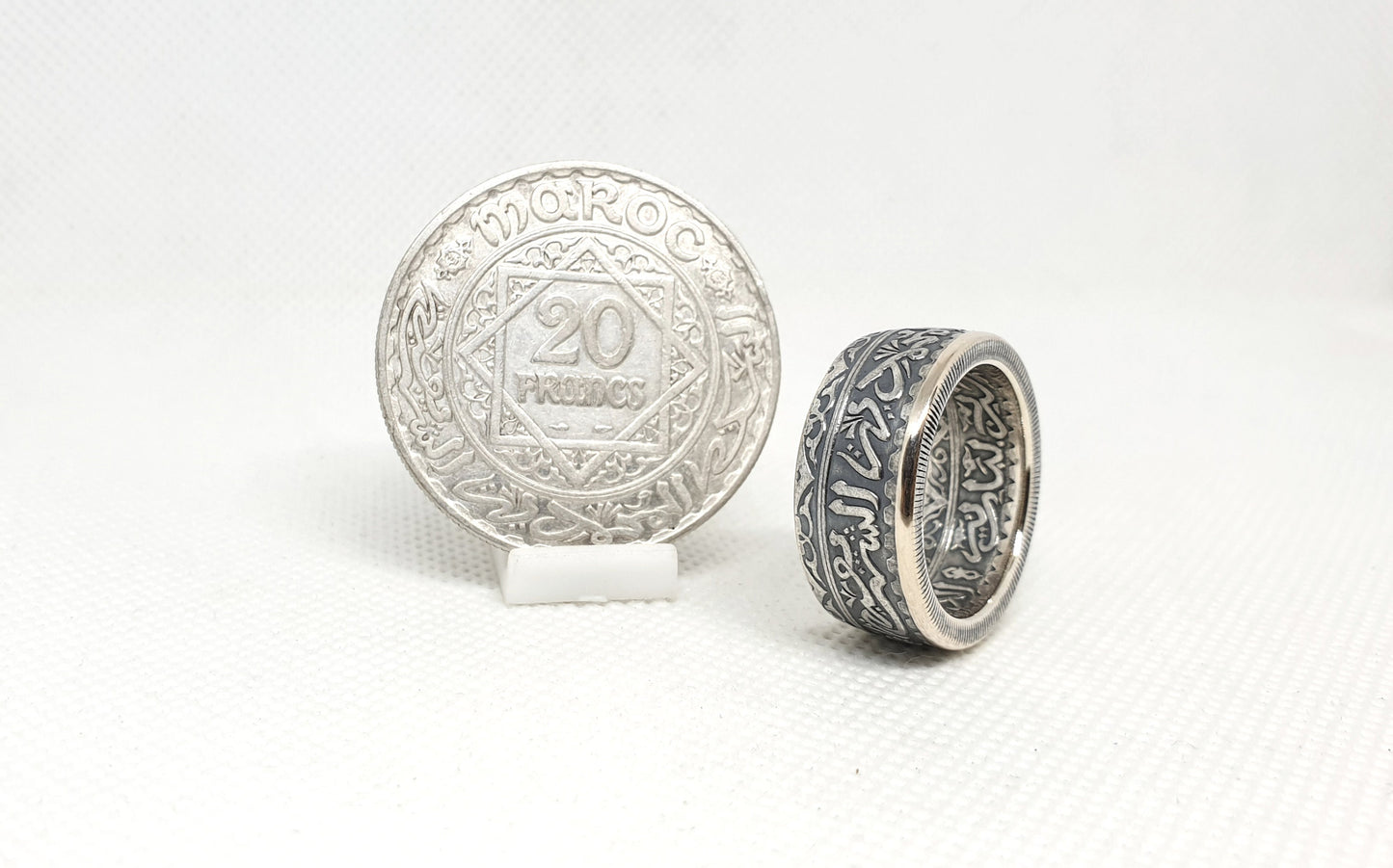 Bague pièce de monnaie 20 Francs du Maroc en argent (coin ring)