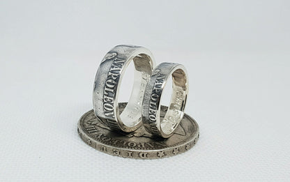 Ensemble bague pièce de monnaie 5 francs Napoléon III et 2 francs napoléon III en argent style alliance avec gravure (coin ring)