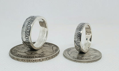 Ensemble bague pièce de monnaie 5 francs Napoléon III et 2 francs napoléon III en argent style alliance avec gravure (coin ring)