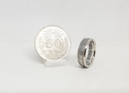 Bague pièce de monnaie 50 Centavos du Mexique en argent (coin ring)